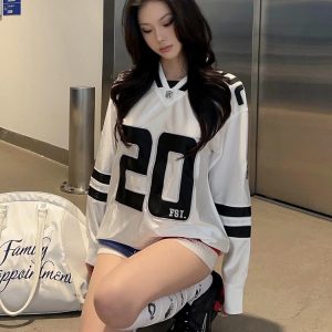 Retro V-Neck Long Sleeve T-Shirt for Women, Spring Rugby Jersey, Loose Fit Sports Top, 90s Inspired Fashion