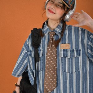 Retro Washed Striped Denim Short Sleeve Top - Vintage Loose Fit Cartoon Shirt for Summer - Y2K Style Fashion
