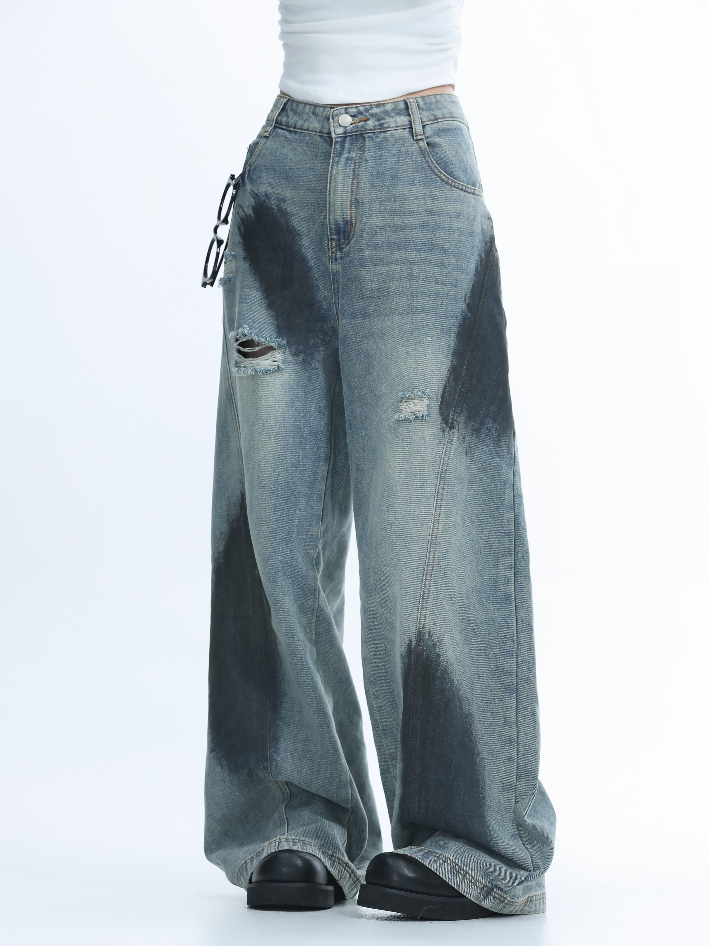 Ripped Graffiti Wide-Leg Jeans for Women - American High Street Straight Loose Floor-Length Pants