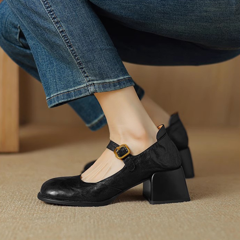 Round-Toe One-Strap Mary Jane Shoes for Women - Versatile High-Heeled Flats for Commuting, Italian Style