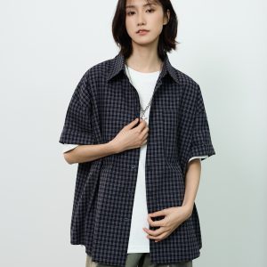Royal Blue Check Short-Sleeve Shirt for Summer - Unisex Loose Casual Jacket in Lazy Style, Perfect for 90s and Y2K Inspired Outfits