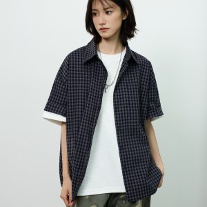 Royal Blue Check Short-Sleeve Shirt for Summer - Unisex Loose Casual Jacket in Lazy Style, Perfect for 90s and Y2K Inspired Outfits