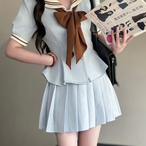 Ruffled Women's Summer JK Uniform Sailor Suit in Purple - College Style Waist-Defined Short Sleeve Set