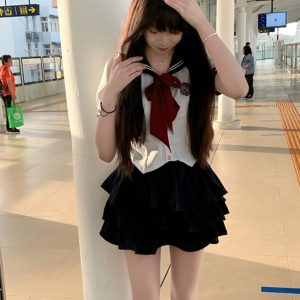Sailor Suit Set with Pudding Bear Design, Summer JK Uniform Cake Skirt, Short Sleeve, College Style, Waist-Defining Slim Fit