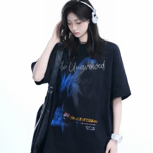 Shadow Girl Graphic Black Short Sleeve T-Shirt for Women - Summer Loose Fit American Design