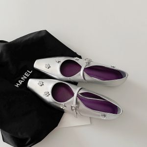 Sheepskin Mary Jane Shoes for Women with Silver Strap, Rhinestone Flower Detail, Height-Increasing, Square-Toe Design