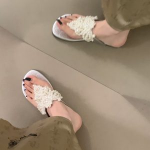 Sheepskin Pearl Thong Flat Sandals for Women - Bohemian Beach Flip-Flops, Summer Vacation Style