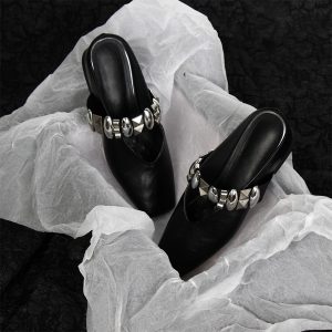 Sheepskin Square Head Rivet One-Strap Closed-Toe Half Slippers for Women - Height-Increasing French Style Slip-On Sandals