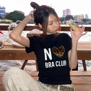 Short Sleeve Leopard Print Heart T-Shirt for Women - Slim Fit, High Stretch, Pure Cotton, Korean Style, 25SS Fashion