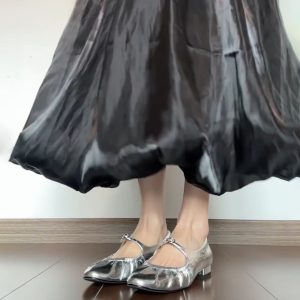 Silver Sheepskin Mary Jane Shoes for Women - Elegant Round Toe, French Pleated One-Strap Low-Heeled Ballet Flats
