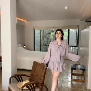 Slightly Chubby Purple Mist Aesthetics Shirt Set with Suspender Half Skirt and Bow Tie Ribbons – Y2K Aesthetic Fashion