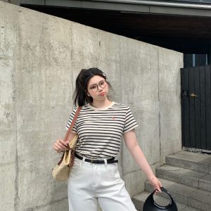 Slightly Chubby Striped Casual T-Shirt - Summer Basic Short Sleeve Slimming Plus-Size Tee for Versatile Y2K Style