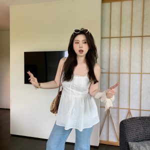 Slightly Chubby Sweetheart Lace Tie-Up White Camisole Top with Floral Design - Oversized Instagram Style Fashion