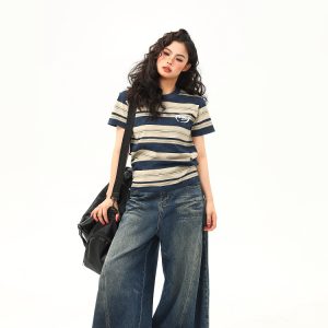 Slightly Loose Striped Short Sleeve T-Shirt for Women - Vintage American Style, Summer Versatile Top, Casual 90s Fashion
