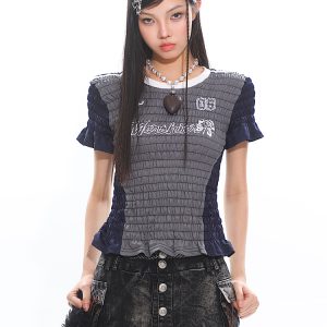 Slim Fit American Vintage Sports Jersey T-Shirt with High Elastic Wrinkled Texture - Digital Short Sleeve Top for Casual Style
