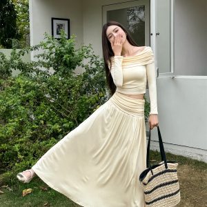 Slim-Fit One-Shoulder Skin-Baring Top and Pleated Long Skirt Set - Light Fabric Spring Korean Style Outfit