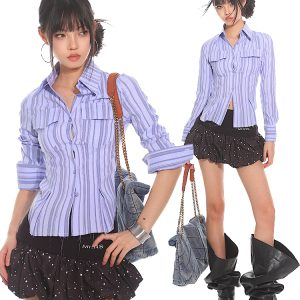 Slim Fit Striped Waist-Defined Shirt for Women - 2025 Summer Elegant Style, High-End Fashion, Clean and Neat Design