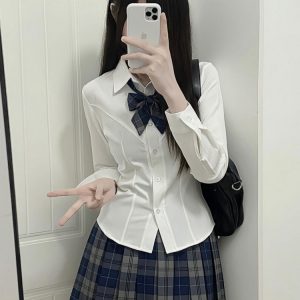 Slim Fit V-Neck White Shirt with Camellia Print, Long & Short Sleeves, College Style, Spring Summer Trend for Girls
