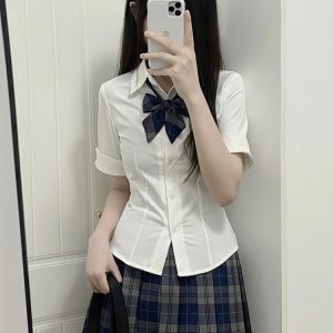 Slim Fit V-Neck White Shirt with Camellia Print, Long & Short Sleeves, College Style, Spring Summer Trend for Girls