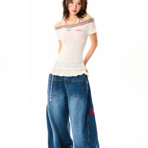 Spicy Girl Hem Spliced Lace Short Sleeve Off-Shoulder T-Shirt for Women - Summer Thin Breathable American Style