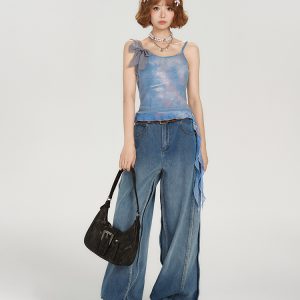 Spicy Girl Mesh Camisole for Women - American Style Summer Tie-Up Bow Fitted Top