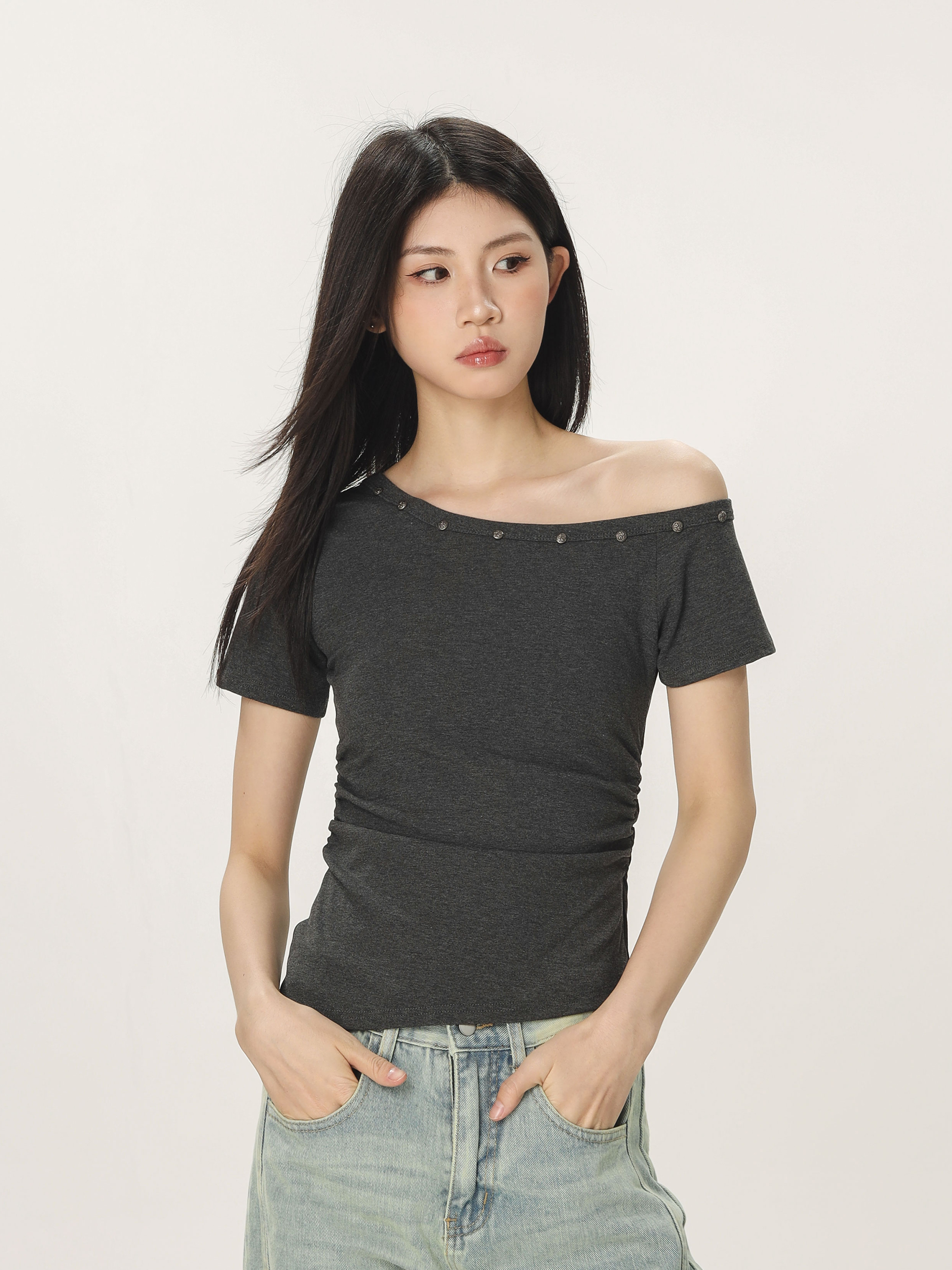 Spicy Girl Off-Shoulder Short Sleeve T-Shirt for Women - American Style Summer Slim Fit Top with Beautifully Tailored Waist
