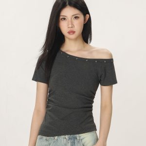 Spicy Girl Off-Shoulder Short Sleeve T-Shirt for Women - American Style Summer Slim Fit Top with Beautifully Tailored Waist