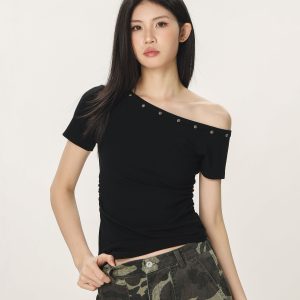 Spicy Girl Off-Shoulder Short Sleeve T-Shirt for Women - American Style Summer Slim Fit Top with Beautifully Tailored Waist