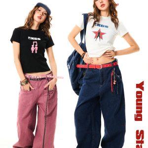 Spicy Girl Star Print Short Sleeve T-Shirt for Women - Slim Fit Summer Top in American Style, Perfect for Y2K and Casual Looks