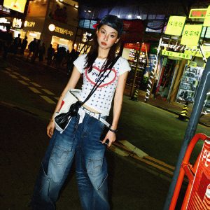 Spicy Girl Star Print Short Sleeve T-Shirt for Women - Summer Slim Fit Versatile Top, American Style, 90s Inspired Fashion