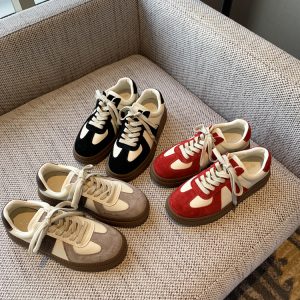 Spring 2025 Casual Sports Sneakers - Color-Blocking Genuine Leather Lace-Up Thick-Soled Retro Training Shoes for Students