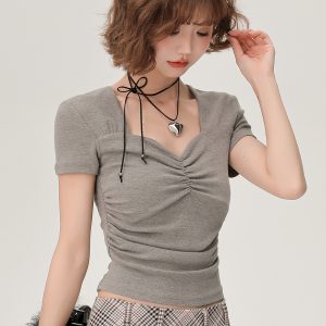Square Neck Short Sleeve T-Shirt for Women - Summer Slim Fit Ruched Top, Flattering and Versatile Style for Everyday Wear