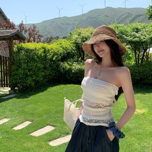 Strapless Summer White Lace Hollow Jacquard Top – Y2K Inspired French Style Outerwear with Gardenia Design