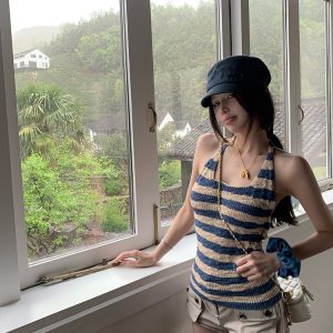 Striped Backless Halter Summer Vest Top in Ice Silk - Slim Fit Sea Salt Cool Breeze Style for Trendy Summer Looks