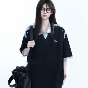 Striped Henry Collar Short Sleeve T-Shirt for Women - Unique Fake Two-Piece Design, Loose Fit, Trendy Casual Style