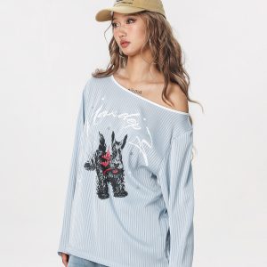 Striped Long Sleeve Off-Shoulder T-Shirt for Women - American Style Cool Thin Sun Protection Cover-Up - Trendy Hot Girl Top