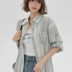 Striped Long Sleeve Shirt for Women - Color-Blocking Loose Sun-Protective Jacket Top for Spring & Autumn, Versatile Fashion Essential