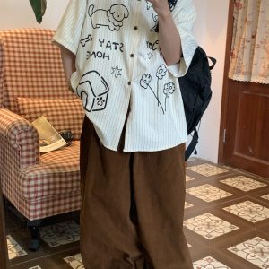 Striped Short Sleeve Shirt with Dog Print for Couples - Summer Loose Fit Versatile Top - Trendy Vintage Style