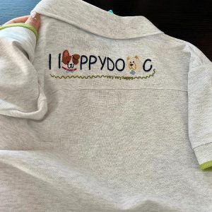Summer 2025 Women’s Color-Blocking Polo Collar Short Sleeve T-Shirt with Embroidered Puppy - Cute Cartoon Shoulder-Reducing Style