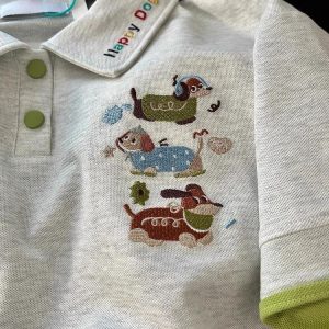 Summer 2025 Women’s Color-Blocking Polo Collar Short Sleeve T-Shirt with Embroidered Puppy - Cute Cartoon Shoulder-Reducing Style