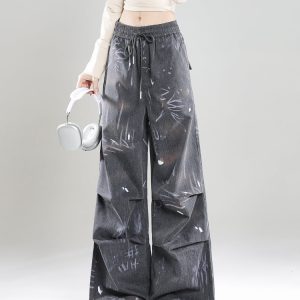 Summer 2025 Women's High Street Graffiti Wide Leg Loose Casual Trousers - American Style Straight Pants