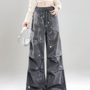 Summer 2025 Women's High Street Graffiti Wide Leg Loose Casual Trousers - American Style Straight Pants