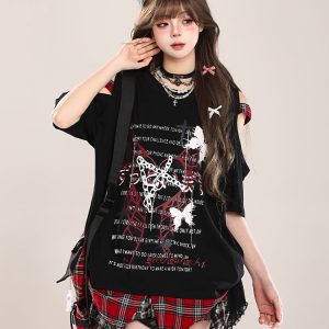 Summer Butterfly Print Short Sleeve T-Shirt for Women, American Style Loose Off-Shoulder Top, Cool Subculture Fashion