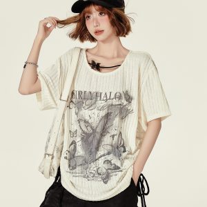 Summer Butterfly Print U-Neck Short Sleeve T-Shirt for Women - Spicy Girl American Style Loose Slimming Top