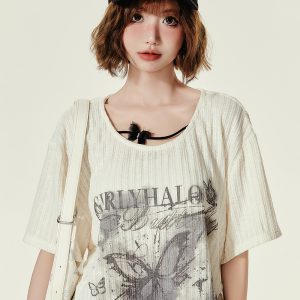 Summer Butterfly Print U-Neck Short Sleeve T-Shirt for Women - Spicy Girl American Style Loose Slimming Top