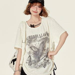 Summer Butterfly Print U-Neck Short Sleeve T-Shirt for Women - Spicy Girl American Style Loose Slimming Top