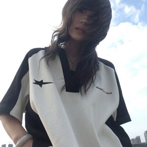 Summer Color-Blocking Short-Sleeve T-Shirt for Women - American College Style Polo Collar Round Neck Heavyweight Top