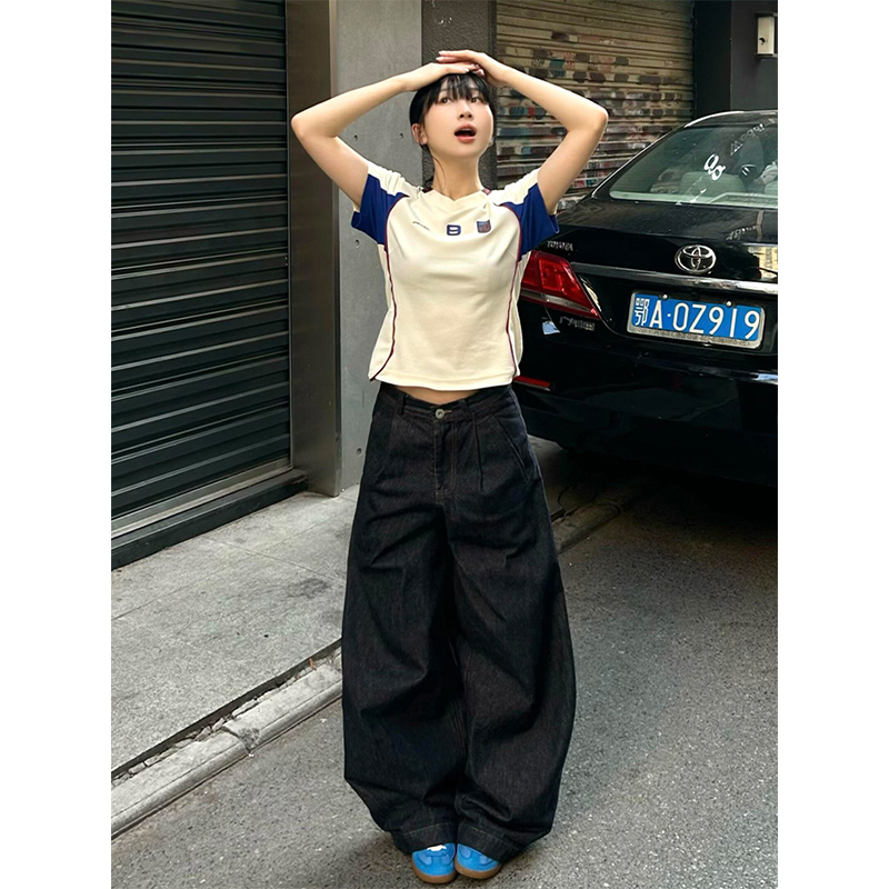 Summer Color-Blocking Spliced Jersey T-Shirt for Women - Retro Short Sleeve Slim Fit V-Neck Cropped Top