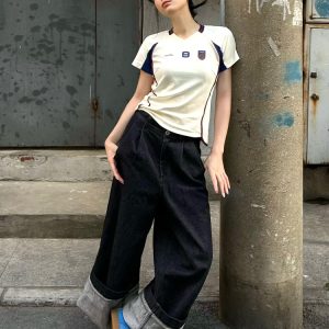 Summer Color-Blocking Spliced Jersey T-Shirt for Women - Retro Short Sleeve Slim Fit V-Neck Cropped Top