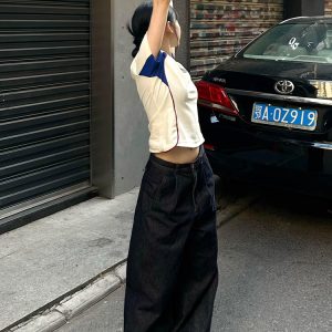 Summer Color-Blocking Spliced Jersey T-Shirt for Women - Retro Short Sleeve Slim Fit V-Neck Cropped Top